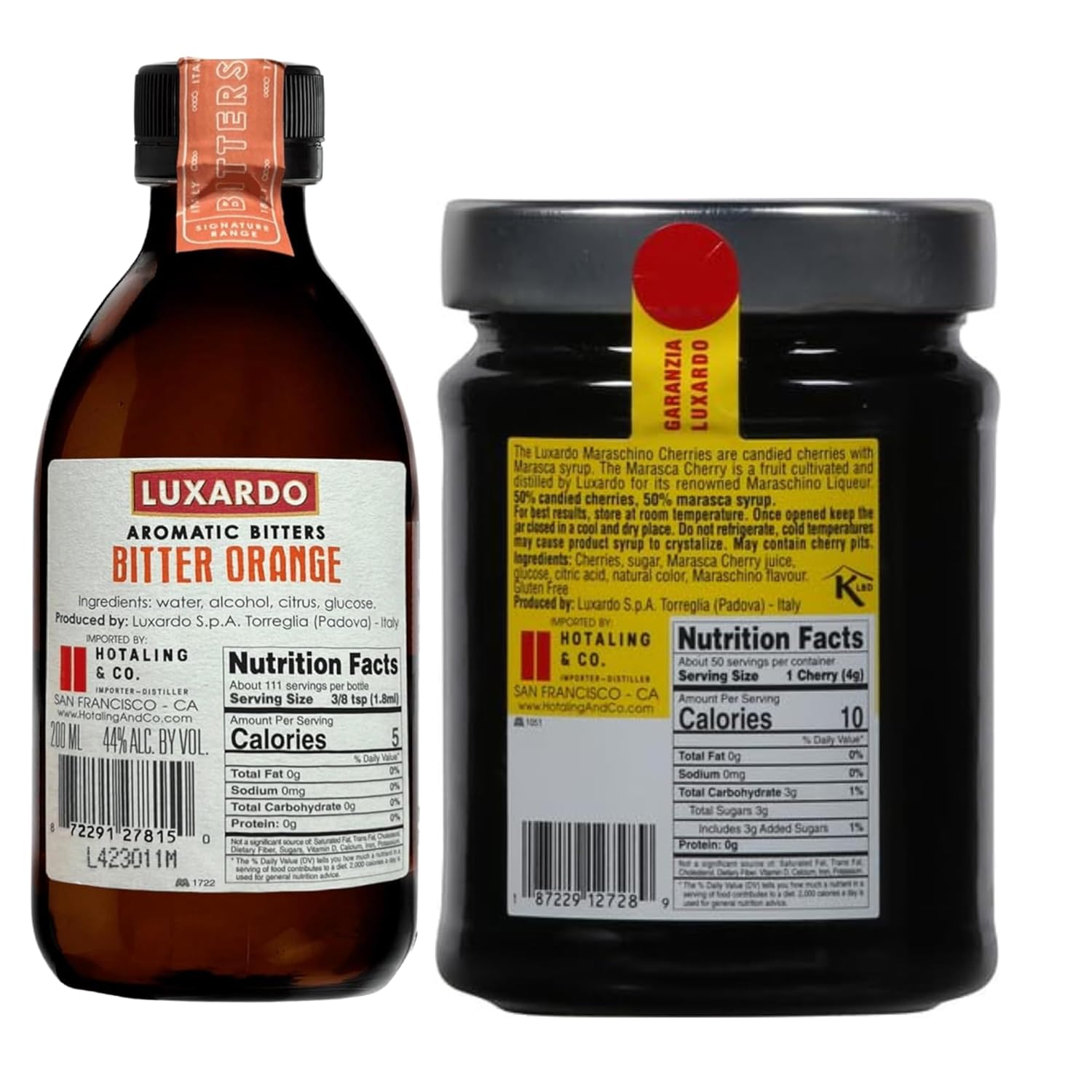 Luxardo Maraschino Cherry 400g & Bitter Orange Aromatic Bitters 200mL Variety Pack | Premium Cocktail Bitters Set for Classics & Craft Drinks