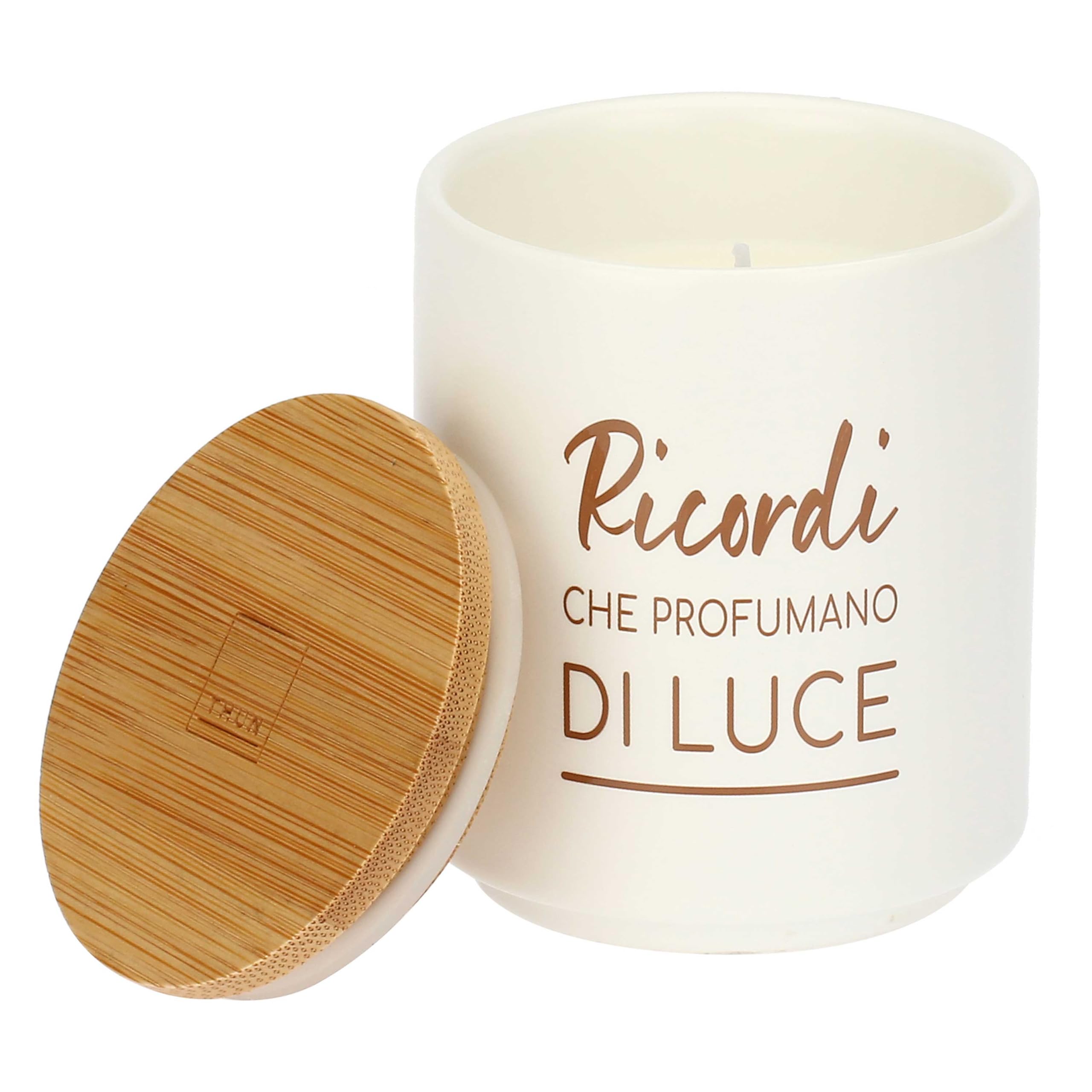 THUN - Vela "Recuerdos que huelen a luz" - Base: gres, tapón: madera - Colección Velas - 125 g - Ø 6.5 cm, 8 cm h