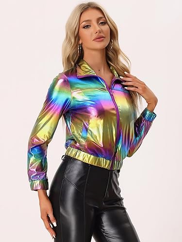 Miniatura 3 de Allegra K Chaqueta metálica holográfica brillante para mujer, manga larga, ligera, con cremallera