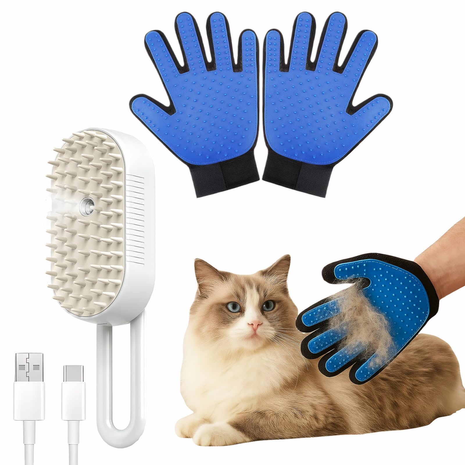 CealumVita Deshedding Glove and Cat Steam Brush,cat grooming set，pet hair removal tool ，with Massage for Dogs and Cats Grooming (Beige spray cmb+
