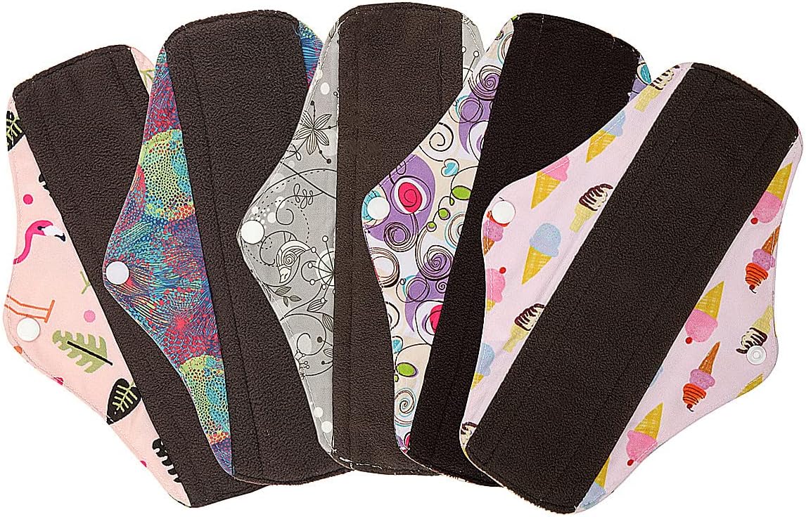 5 Pieces Charcoal Bamboo Mama Cloth/ Menstrual Pads/ Reusable Sanitary Pads (Regular (10 inch), Birds)
