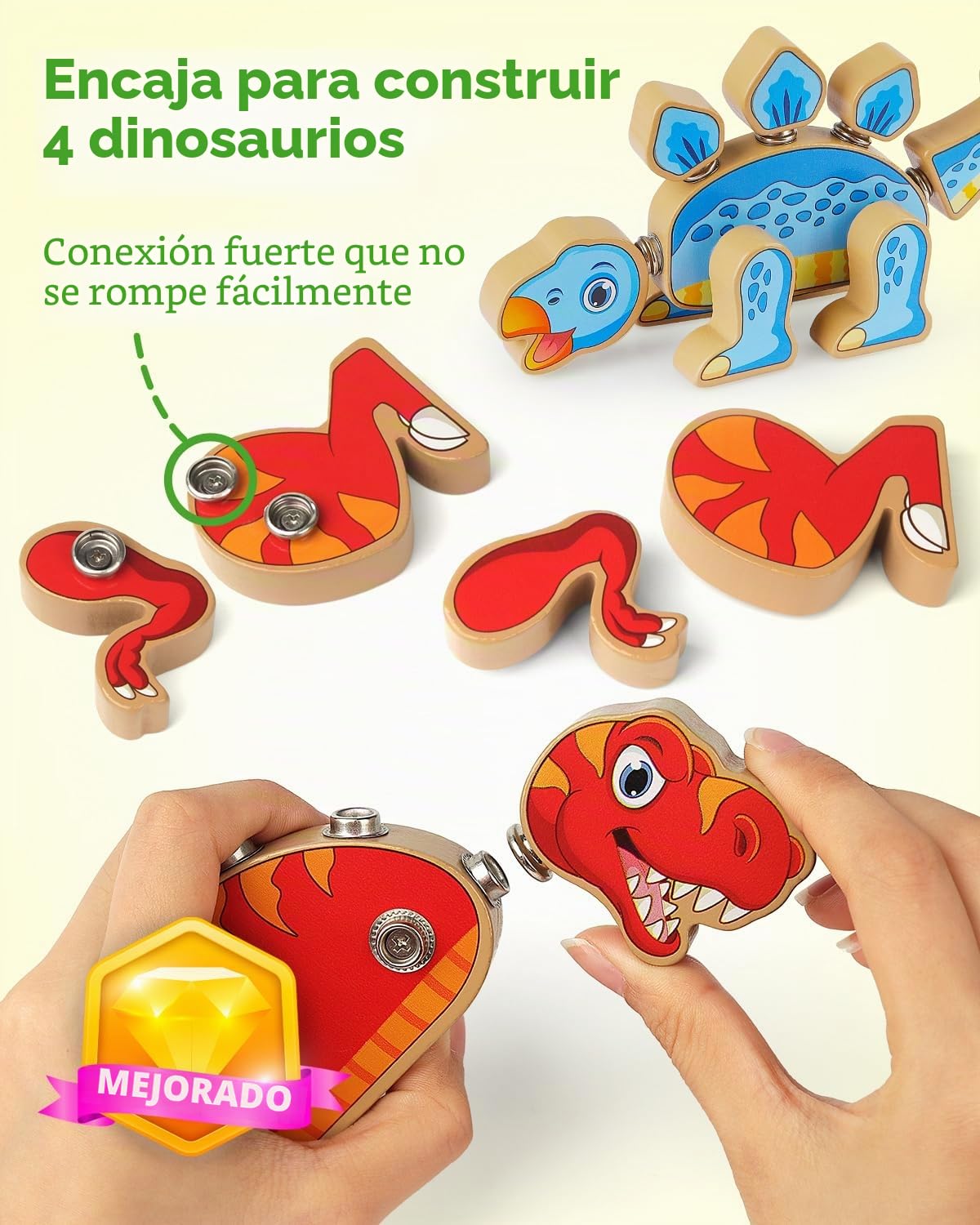 Coogam Juguetes de construcción de dinosaurio a presión, juego de dinosaurio de madera desmontable, STEM Montessori, juguete educativo de habilidades motoras finas, regalo para niños de 3, 4, 5 años