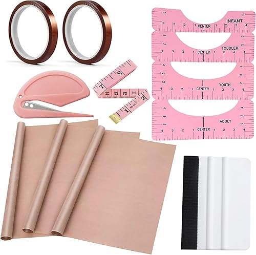 Kits de herramientas para camisas de sublimación (rosa) - 4 reglas de camiseta, paquete de 3 hojas de teflón para prensa térmica de 12 x 16
