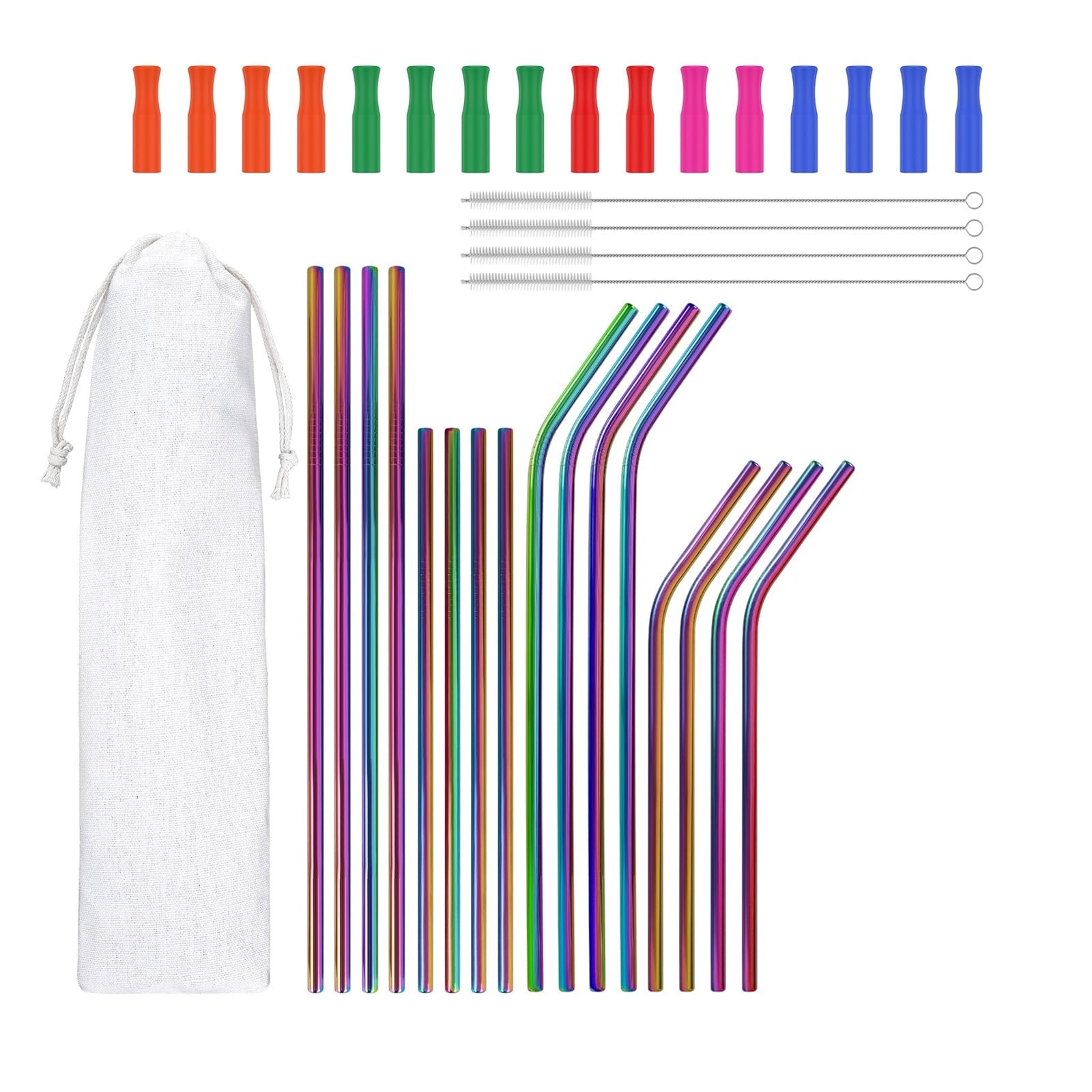 Stainless Steel Straws Gebogener Strohhalm aus Edelstahl, tragbare Strohhalme, lang trinkende Silikonspitzen, Bürste für Kaltgetränke(32pcs)