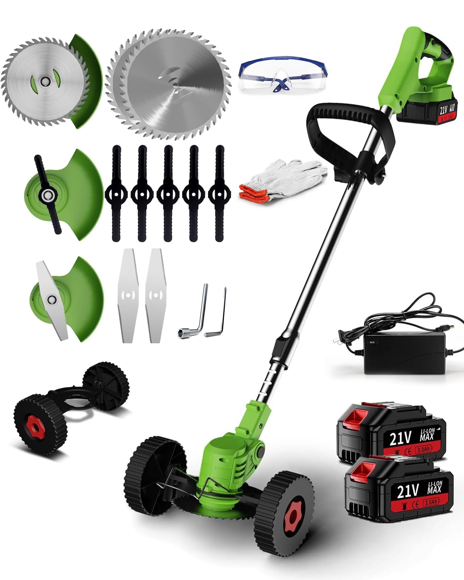 Cordless String Trimmer Kit,Edger Lawn Trimmer, Weed Trimmer Tool,with 21V*2 Li-Ion Battery Powered,3 Types Cutting Blade,for Lawn Care and Garden Yard Work Ideal for Extensive Green Space Maintenance