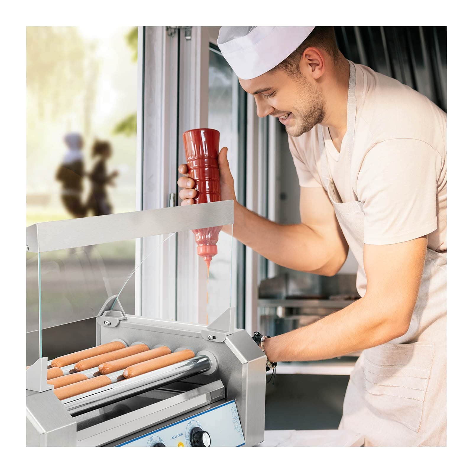 Royal Catering Hot Dog Grill Hot Dog Macchina Hot Dog Maker (5 rotoli, spazio per 8 salsicce, 1.000 W, 2 zone di riscaldamento, acciaio inossidabile) argento
