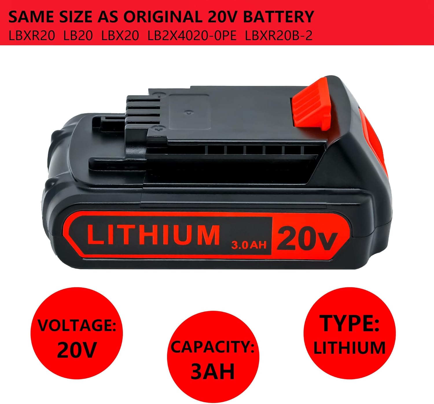 20v Battery Replacement for Black and Decker 20V Lithium Battery 3.0Ah LBXR20 LBXR20 LB20 LBX20 LBX4020 LB2X4020 LBXR2520