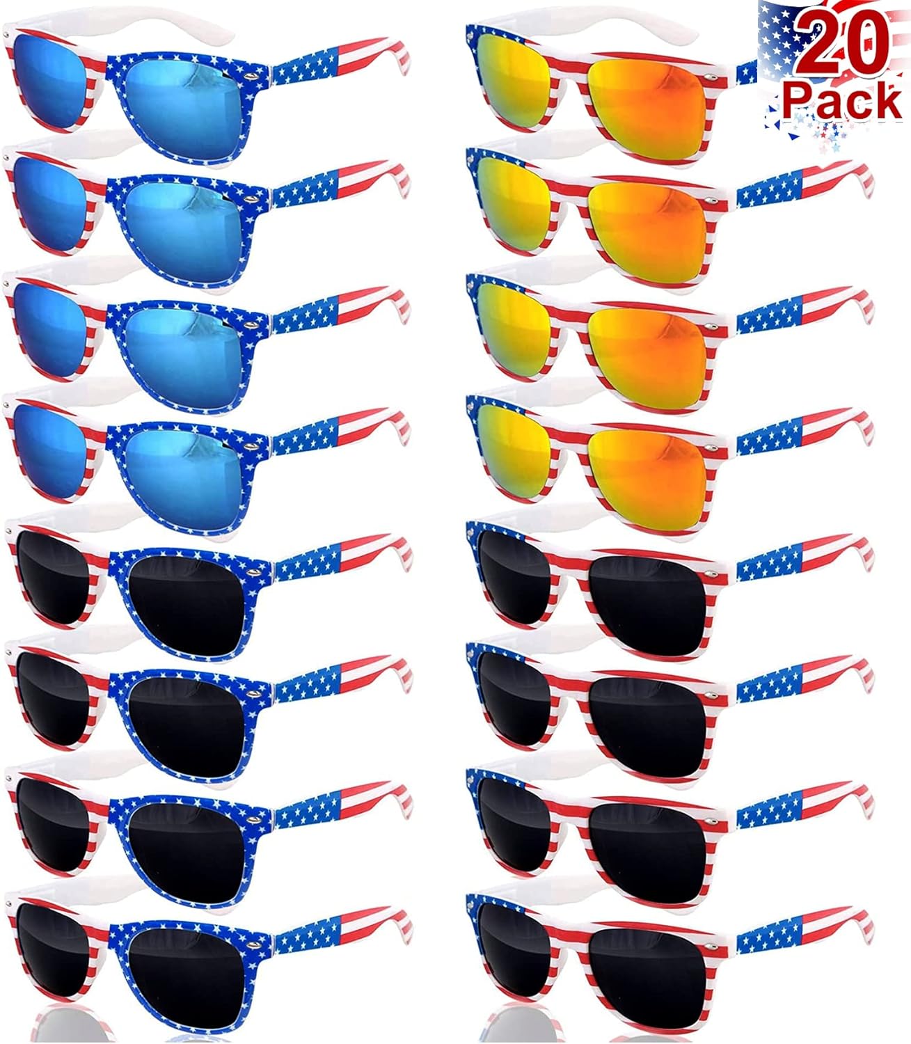 20 Pairs American Flag Sunglasses UV400 250th Anniversary 4th of July Accessories USA Patriotic Sunglasses Eyewear Fourth July Women Men Teens Red White Blue Party Favors Independence Day Memorial Day