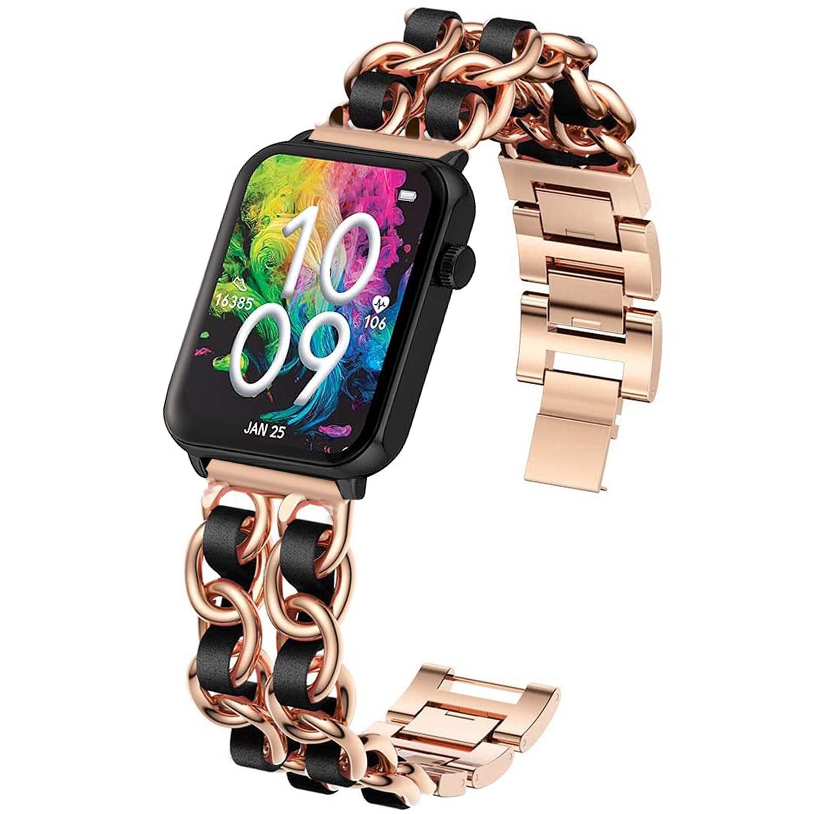 Compatible with Armitron Matrix Smartwatch bands, 20mm, 22mm Quick Release Jewelry Chain Metal Wristband with Leather Compatible with Armitron Connect Matrix, Link, Lunar, Boom, Eclipse Smartwatch (Rose Gold, 22mm size band)