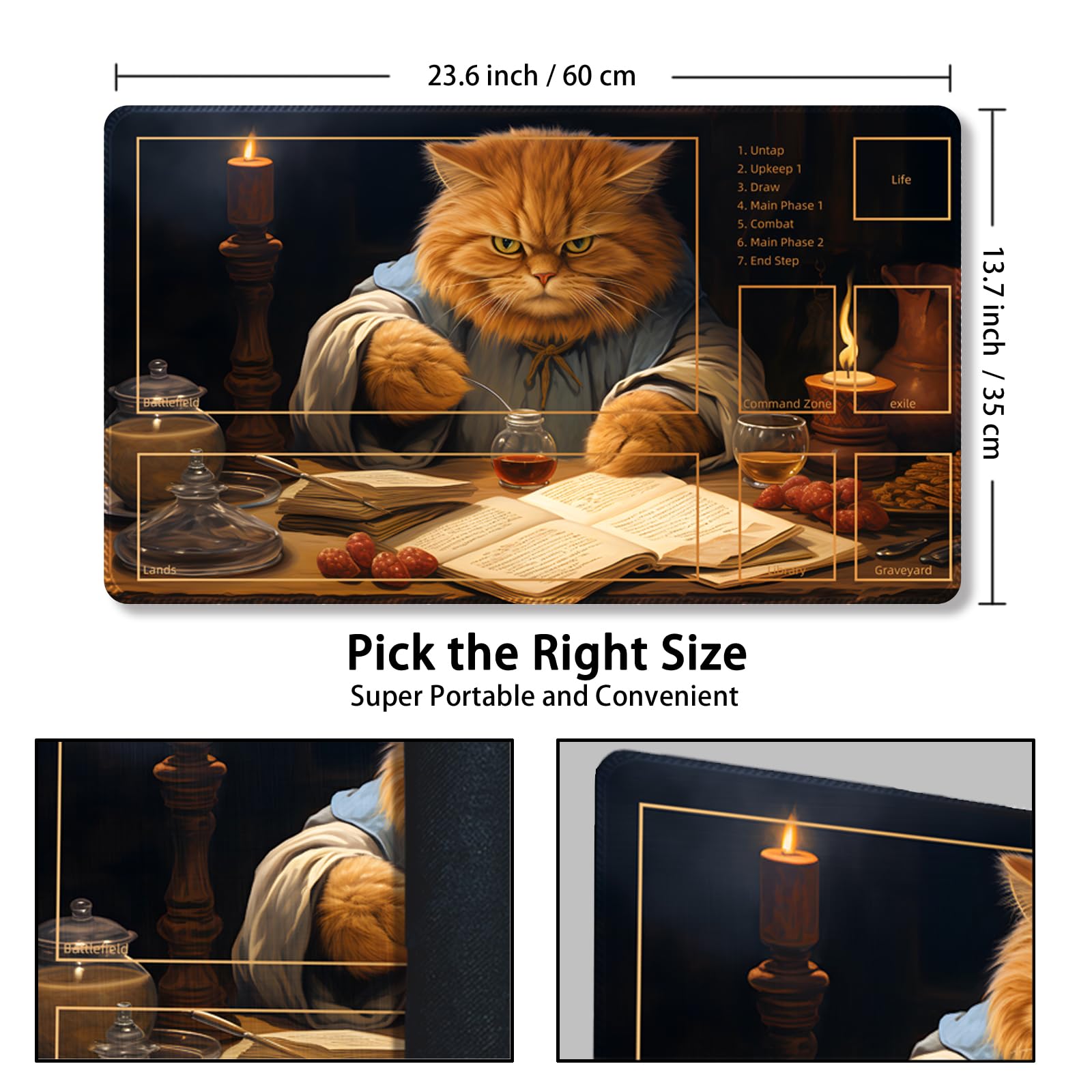 Malqiqi Tapis De Jeu MTG 61 X 35,6 Cm – Fond Antidérapant, Sac De Rangement Inclus – Motif Chat Combat Auxiliaire