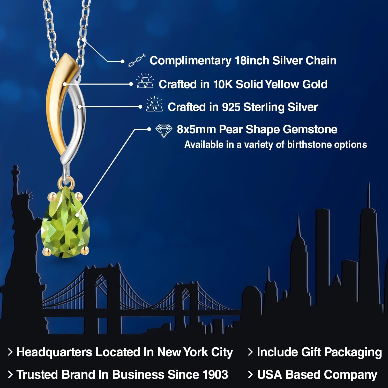 Gem Stone King 925 Silver and 10K Yellow Gold Green Peridot Pendant Necklace for Women | 0.92 Cttw | Gemstone August Birthstone | Pear Shape 8X5MM | With 18 Inch Silver Chain - Image 2