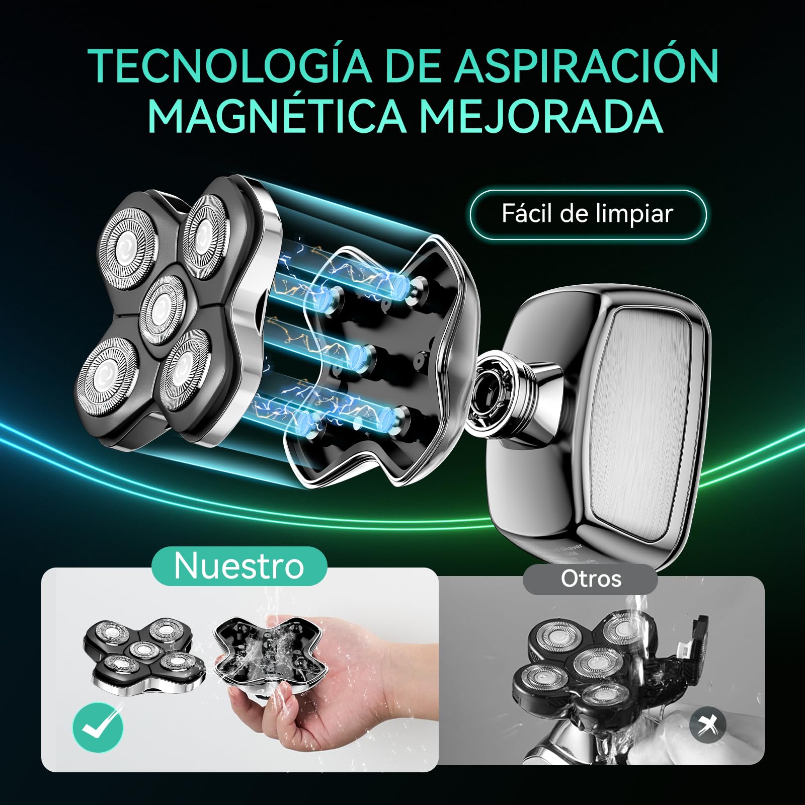 Kensen Afeitadora Cabeza Hombre 3 en 1, IPX6 Impermeable Maquina Afeitar Cabeza para Calvo con Cabezales Magnéticos 5D, Cortapelos y Nariz, Afeitado en Seco y Húmedo, Carga USB-C