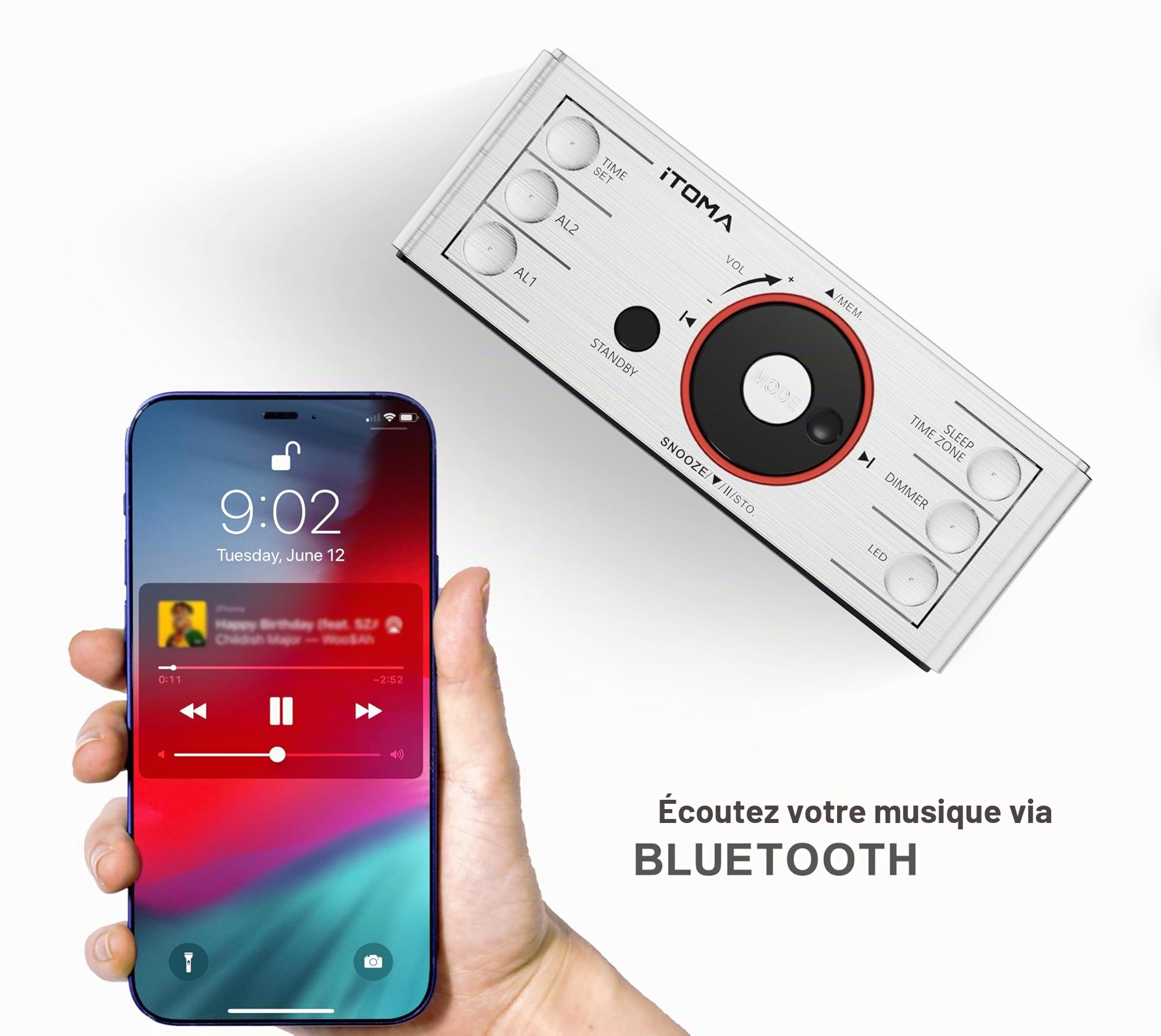 iTOMA Radio réveil avec Haut - Parleurs Bluetooth, Radio FM, Double Alarme avec Snooze, Grand écran LED, Contrôle de Gradation, Sortie de Charge USB et Veilleuse CKS708
