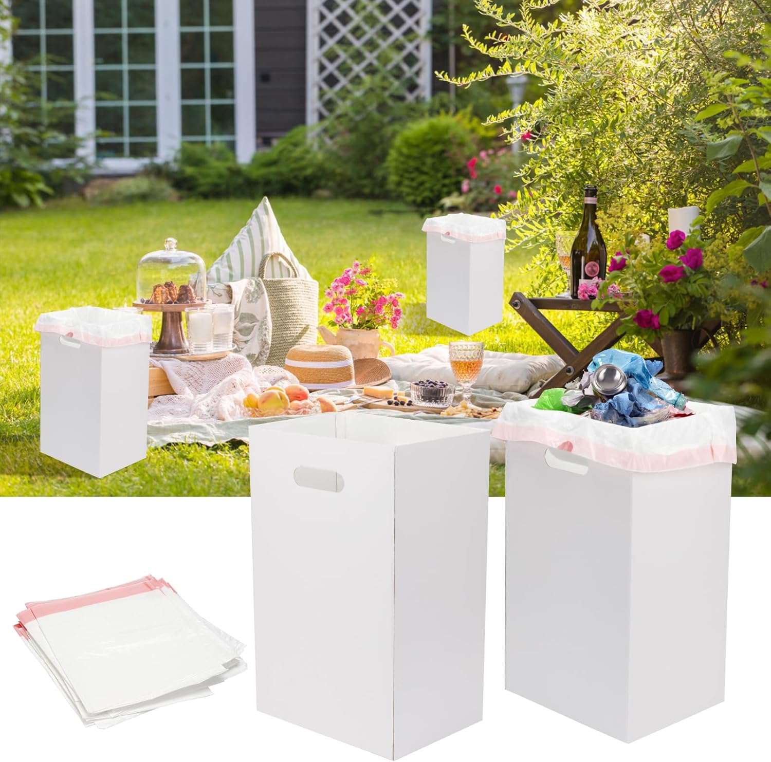 10 Pcs Cardboard Portable Garbage Can with 20 Trash Bags, Disposeable Extra Large Trash Cans, 13 Gallon (21.6" H x 13.5" W x 10" D), Recycled Garbage Can and Reuseable Garbage Boxes, White