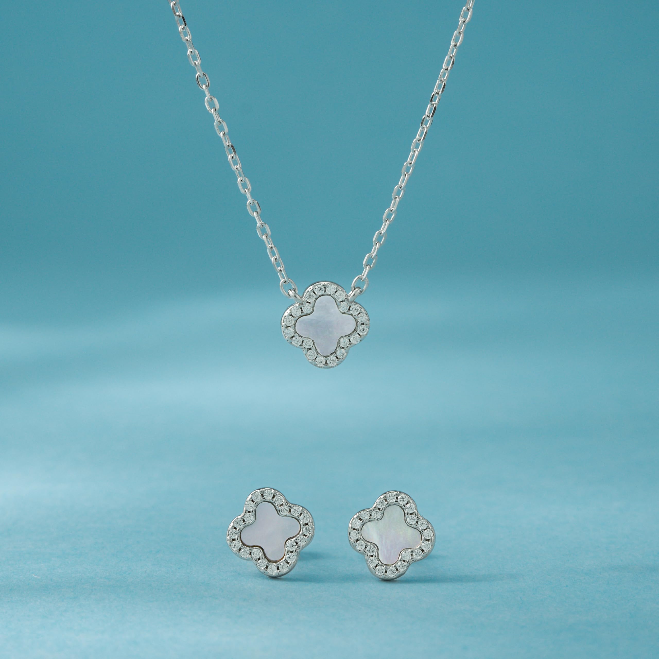 925 Silber Weißes Kleeblatt Ohrringe Halskette Set für Damen | Weißes Perlmutt Kleeblatt Set,925 Silber,Hypoallergen,Rhodiniert,Geschenk für Damen,Hochzeit,Weihnachten,Geburtstag