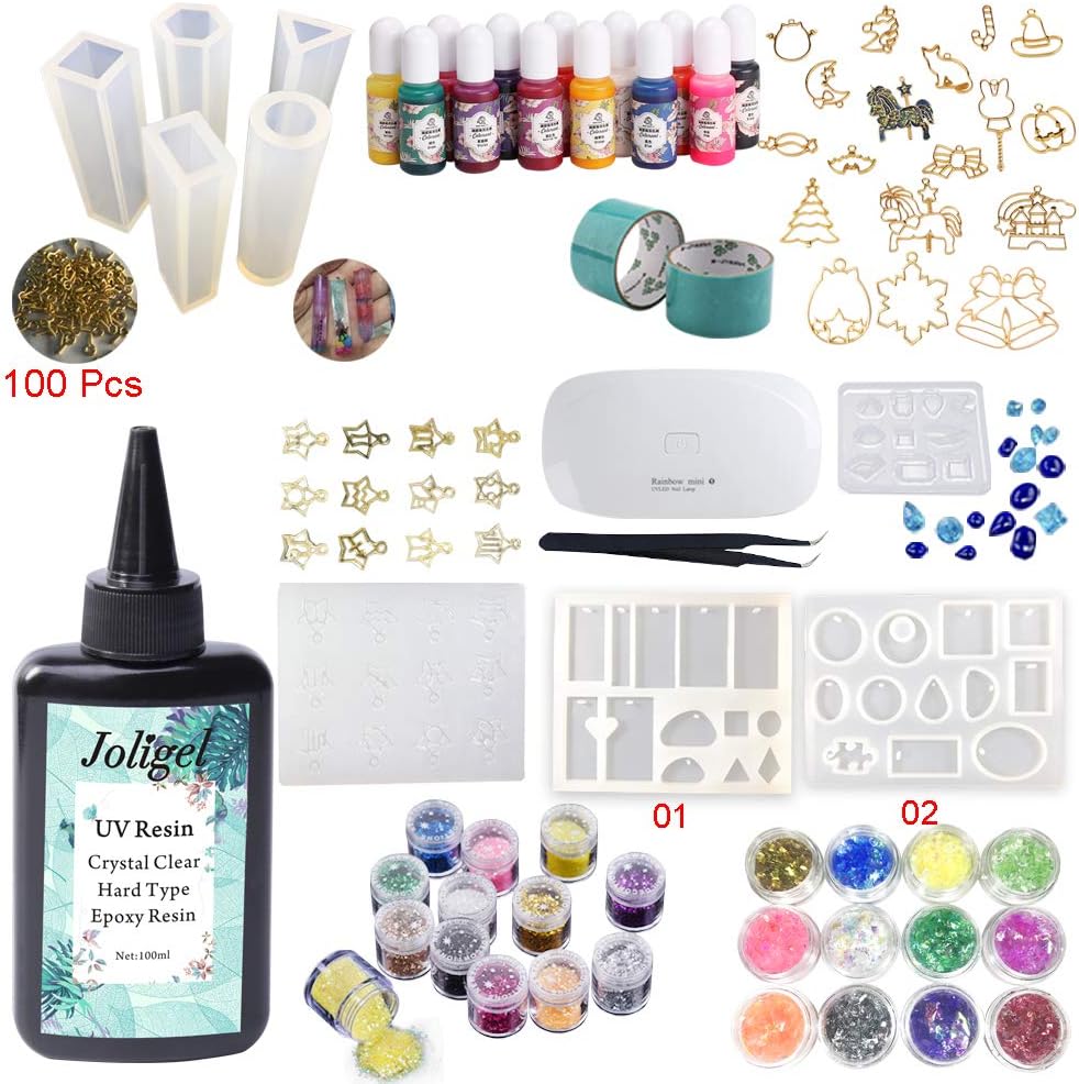 Crystal Clear UV Epoxy Resin 100ML with 9 Molds + 17 Open Back Bezels + 13 Liquid Color Pigment Dyes + 24 Glitter Sequins Glassine + Golden Eyelets + Tweezers + Tapes, Crafts Jewelry Making kit