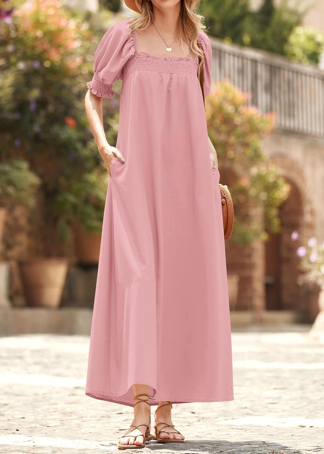 KIRUNDO Women 2026 Summer Maxi Dress Casual Loose Puff Sleeve Square Neck Maternity Flowy Long Beach Dresses with Pockets - Image 2