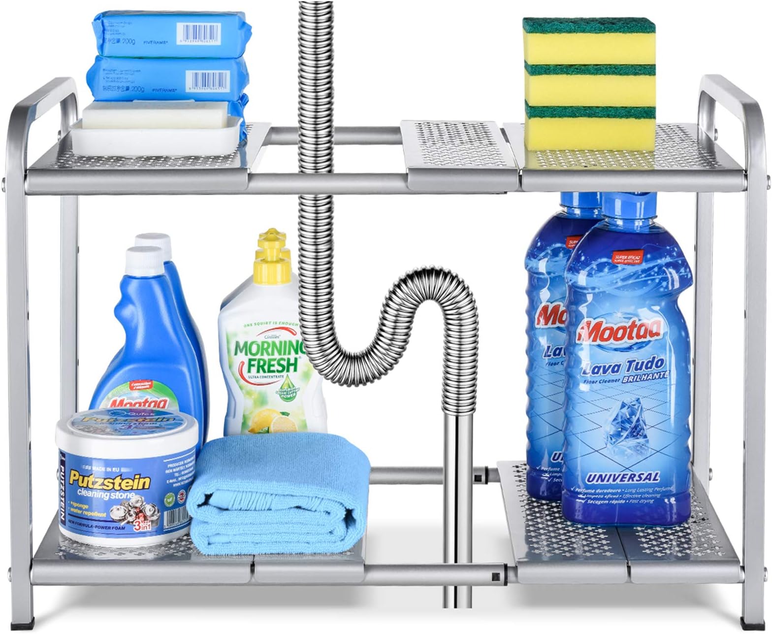 Auledio Metal Under Sink 2-Tier Expandable Shelf Organizer Rack, Adjustable Height and Position, 7 Removable Shelves - Expandable 18'' to 25''for Kitchen Bathroom Cabinets Storage, Chrome
