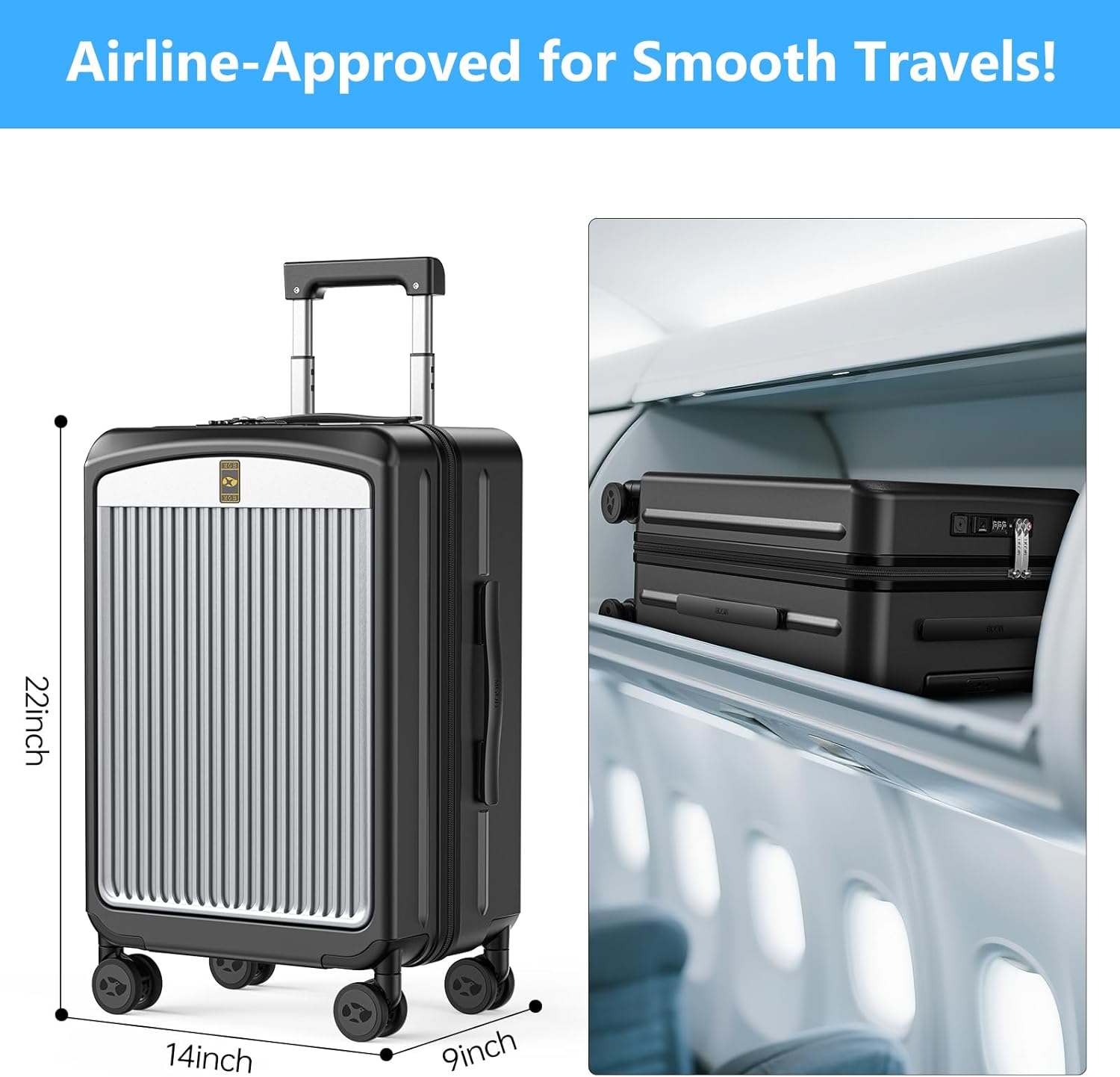 MGB Carry on Luggage 22x14x9 Airline Approved, Durable PC Hardside Suitcase with TSA Lock for Business Trip, 20 Inch Carry-on Luggage, USB Port & 360°Spinner Wheels