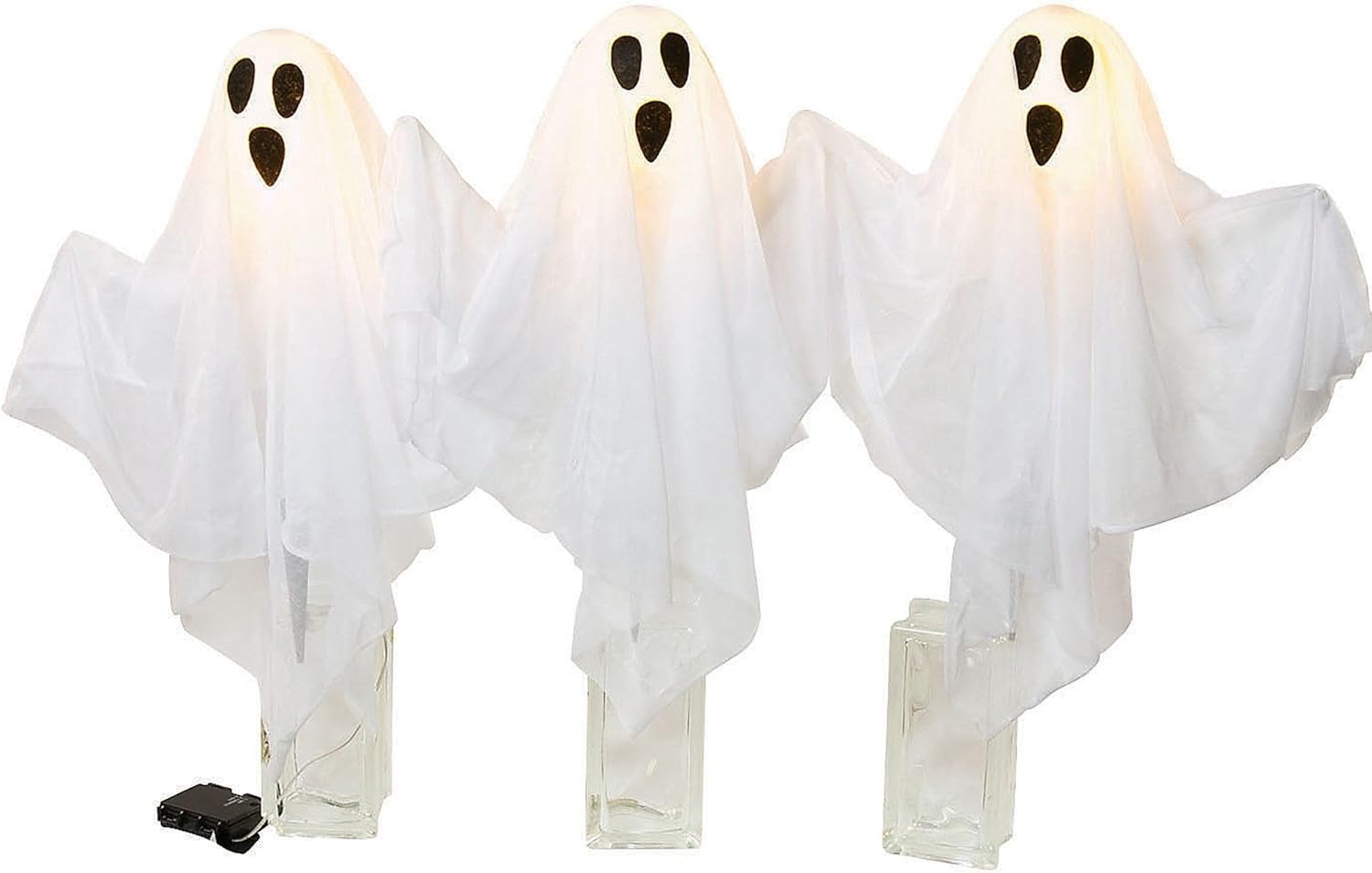 Fun Express Halloween Decorations Outdoor Ghost Yard Stakes with LED Lights - 3 Pack Light Up Halloween Outdoor Decor for Lawn, Garden & Pathway | Weather-Resistant White Hanging Ghosts Set