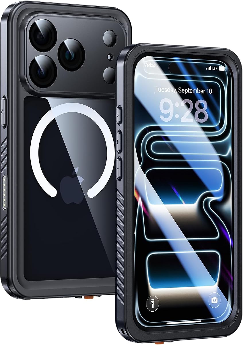 Estuche magnético Lanhiem para iPhone 17 Pro, resistente al agua, protector de pantalla y protección de cámara incorporados, [Compatible con MagSafe] Estuche de teléfono robusto resistente al polvo de cuerpo completo 6.3'' negro/transparente