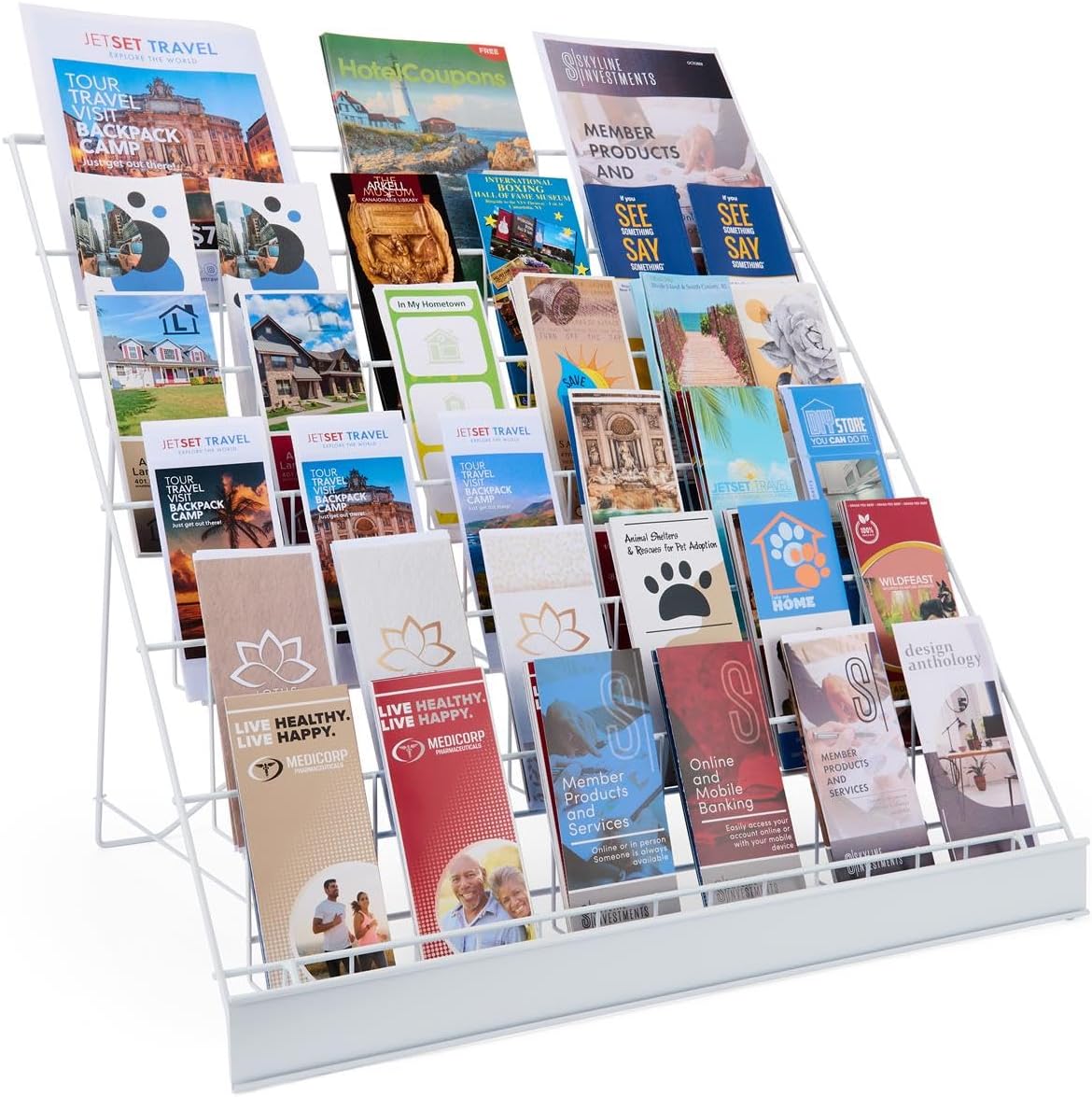 Displays2go 6‑Tier Wire Countertop Literature Rack, White Wire Book & Magazine Display Stand with Open Shelves and Sign Channel (WRC6T29WHT)