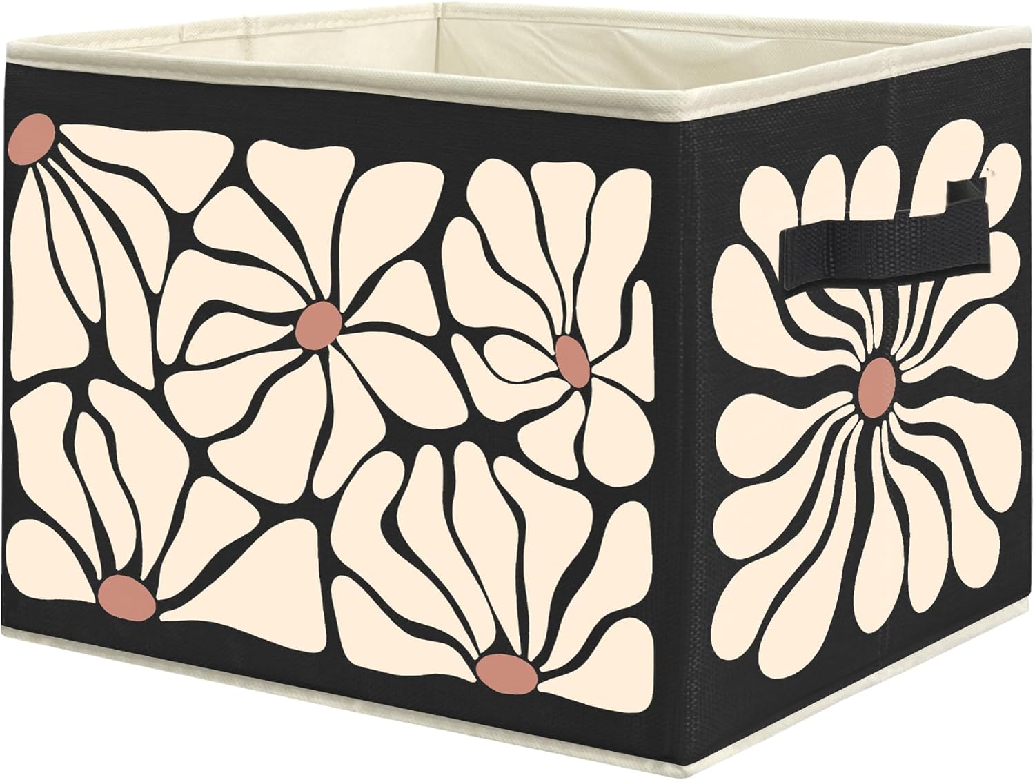 Boho Neutral Beige and Black Floral Storage Bins, 70s Retro Groovy Flower Botanical Collapsible Storage Box Laundry Basket with Handle for Home Bedroom Bathroom Office Clothes Toys Books