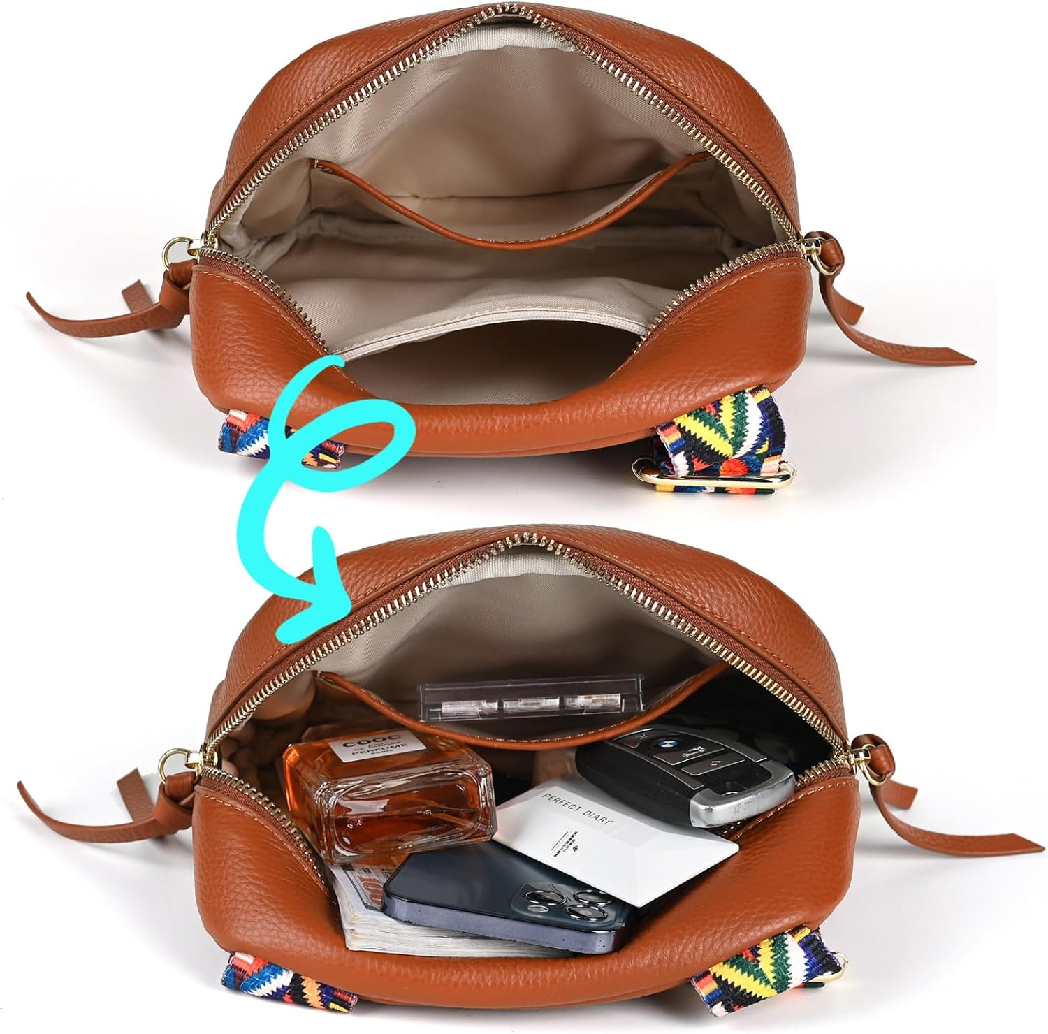 Small Crossbody Bag Purse for Women Genuine Leather Shoulder Bag Trendy Quilted Handbags with Colored Strap