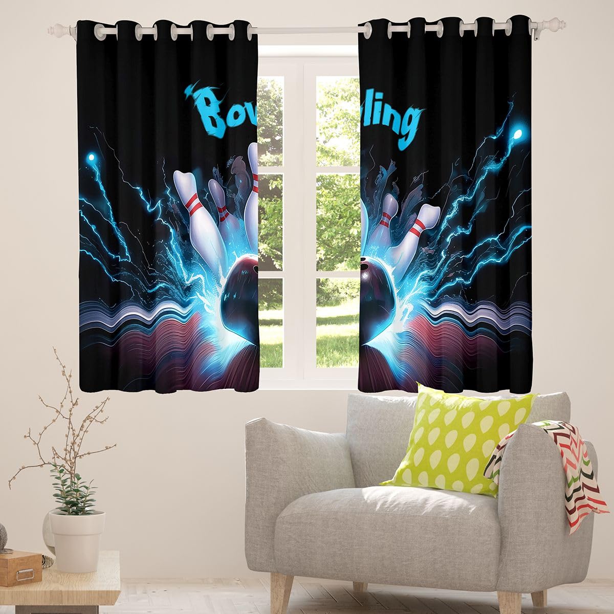 Homewish Chłopięce zasłony okienne do gry w kręgle, 132 x 160 cm, 2 zestawy paneli – błyskawica, gra sportowa, zasłony zaciemniające dla dzieci, nastolatków, melonik, 3D, piłka, zasłony okienne