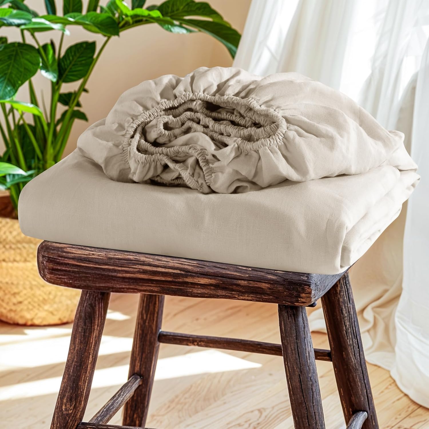 SONORO KATE 100% French Linen Fitted Sheet (1 Piece) - Stone Washed Natural Linen Mattress Cover, 16 Inch Deep Pocket, Ultra Soft, Breathable, Durable for Hot Sleepers (Natural Linen,King)