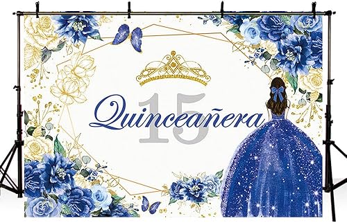 Miniatura 4 de Sendy SENDY - Telón de fondo de quinceañera para cumpleaños de quinceañera de 7 x 5 pies para fiesta de Dulce Girl Mis Quince Anos, color azul rey,