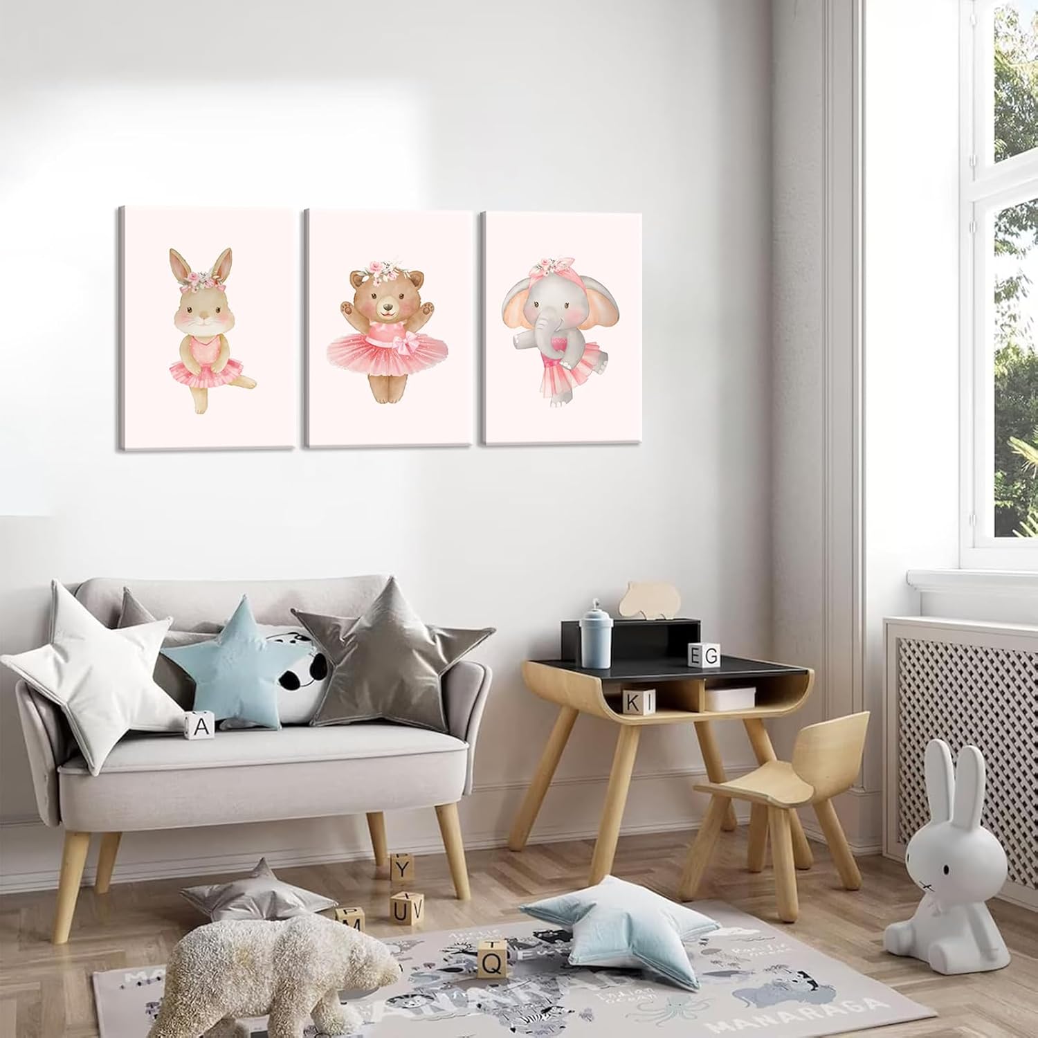 3Pcs Pink Ballerina Animals Canvas Wall Art Cute Elephant Bunny Bear Wall Decor Pictures Nursery Baby Room Posters Prints for Girls Room Bedroom Home Decoration 16x24in