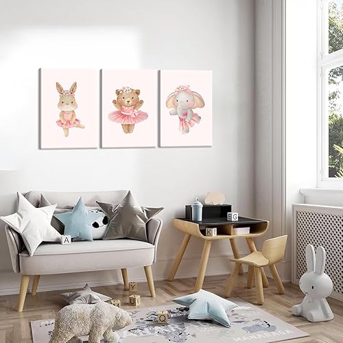 Miniatura 7 de 3 piezas de lienzo de animales de bailarina rosa, arte de pared, lindo elefante, conejo, oso, decoración de pared, imágenes de guardería, habitación