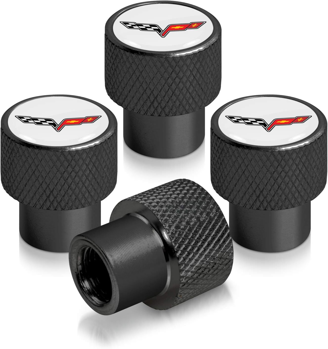 iPick Image for Chevrolet Corvette C6 Logo in White on Black Easy-Grip Aluminum Tire Valve Stem Caps