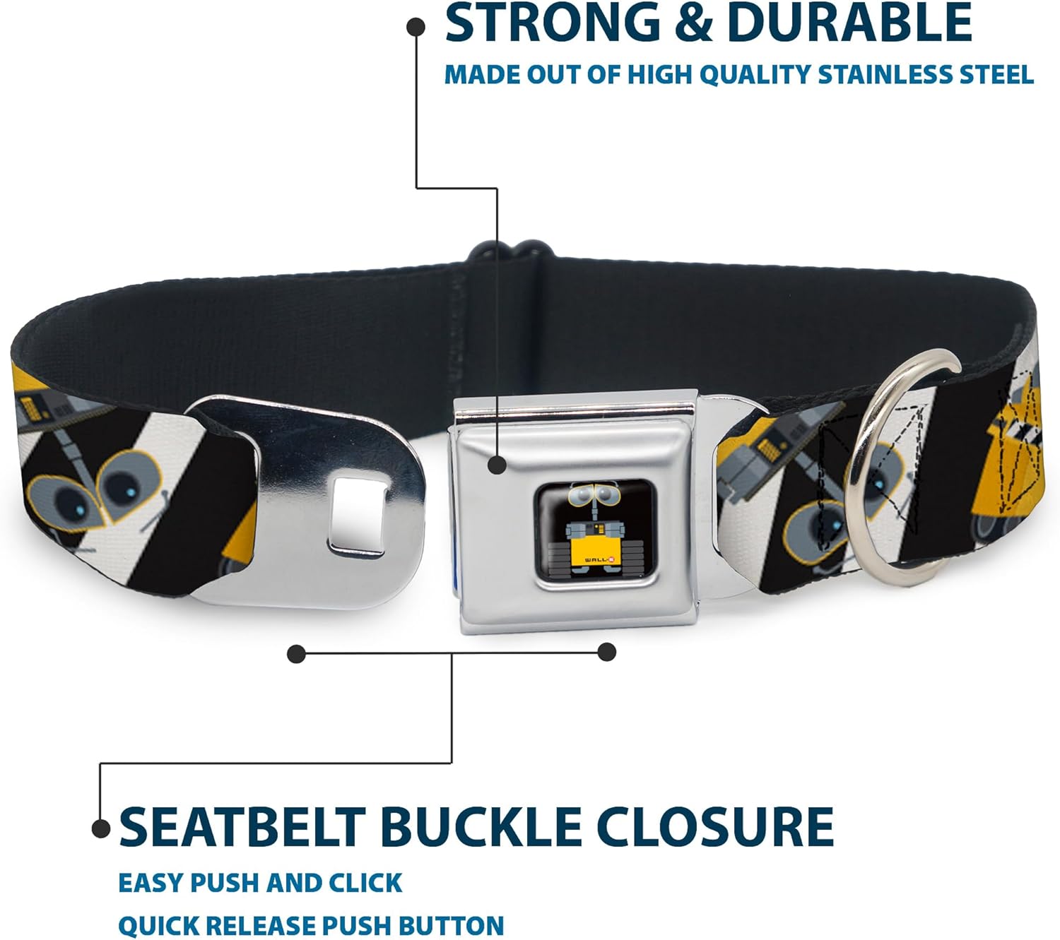Dog Collar Seatbelt Buckle Wall E Poses Stripe Black White 15 to 26 Inches 1.0 Inch Wide