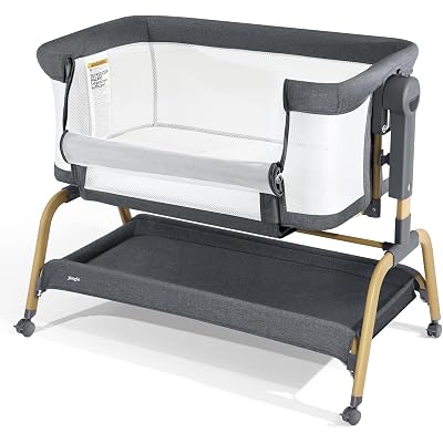 Jimglo 3 in 1 Baby Bassinet, Bedside Bassinet for Baby, Rocking Bassinet with Comfy Mattress and Wheels, 6 Height Adjustable Easy Folding Portable Bedside Crib for Newborn