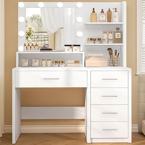 Miniatura 9 de Escritorio de maquillaje con espejo y luces, tocador con 5 cajones y 3 estantes de almacenamiento, 3 modos de color y brillo ajustable, tocador para