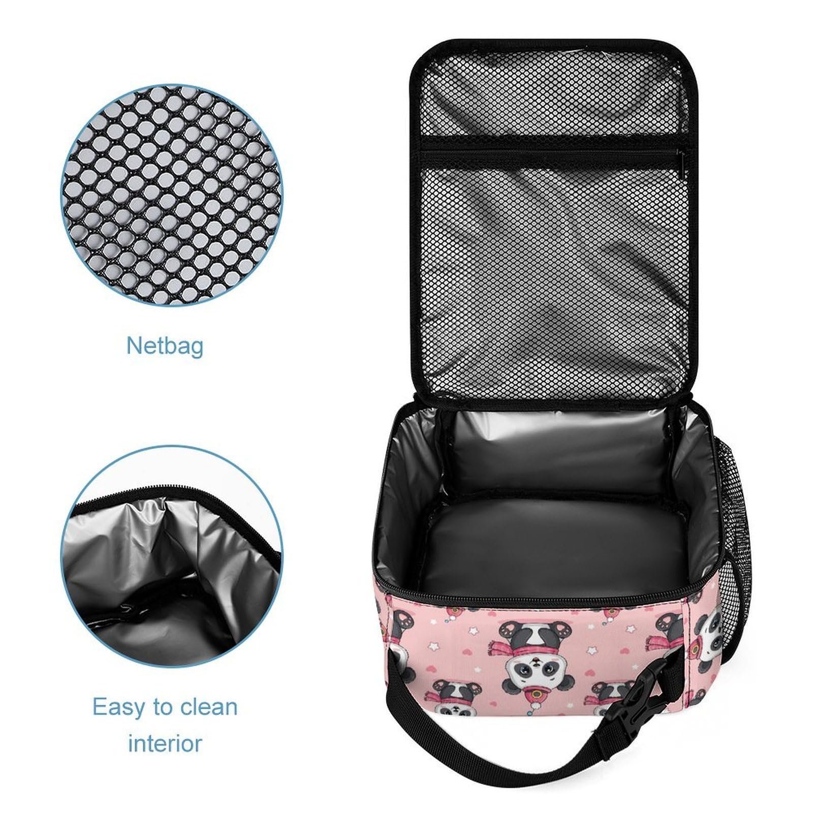 Ensemble sac à dos Panda mignon (10) avec boîte à lunch, trousse de maquillage et accessoires de toilette