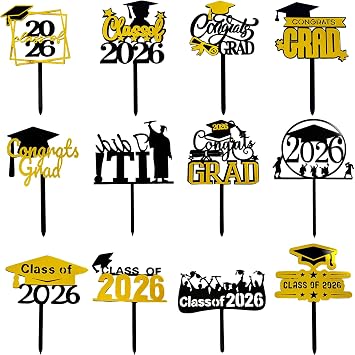 12Pcs Graduation Cake Toppers, Black Gold Acrylic Class of 2026 Graduation Cake Decorations, Congrats Grad 2026 Graduation Cap Diploma Cake Toppers Cupcake Picks for 2026 Graduation Party Supplies