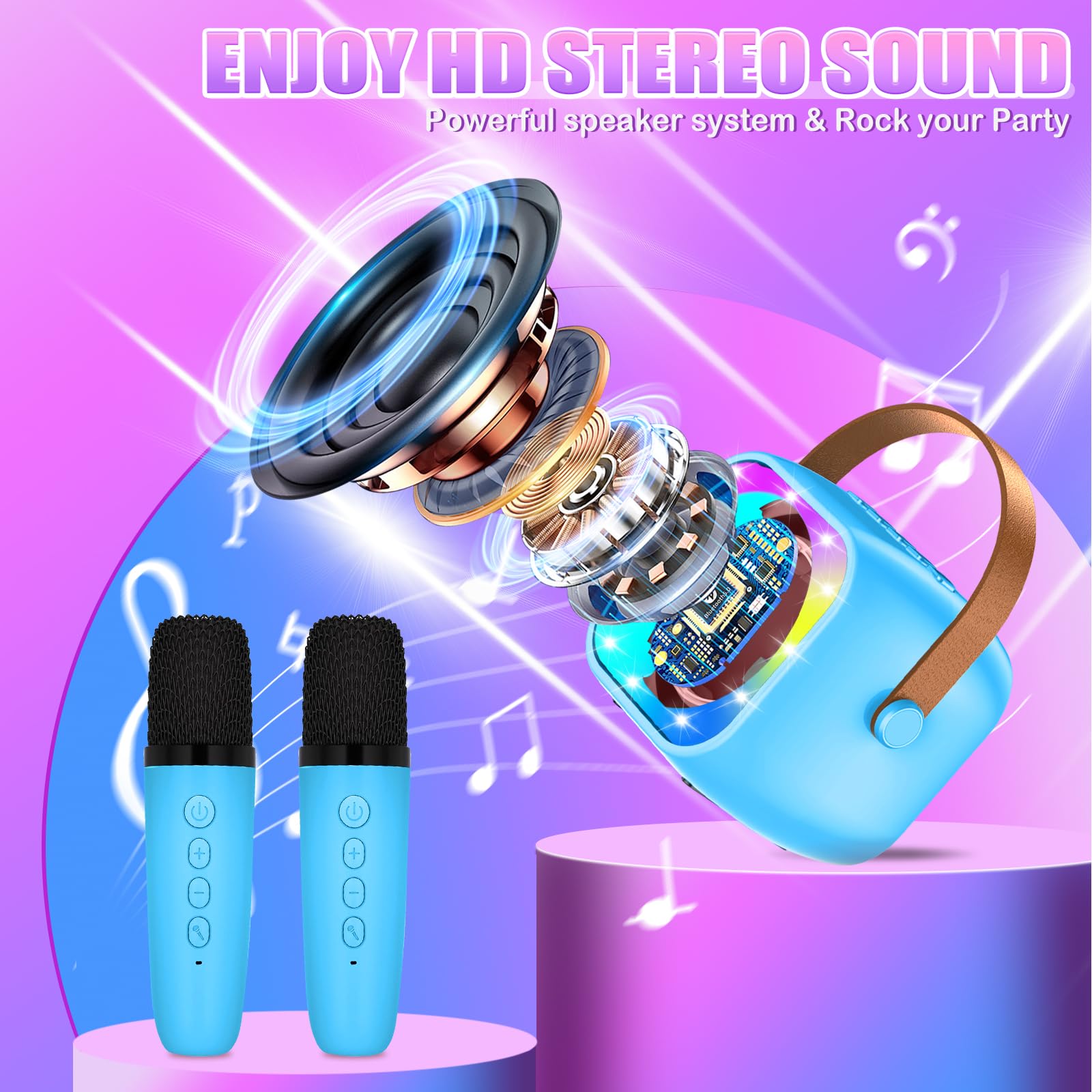 Karaoke per Bambini con 2 Microfoni, Microfono Bambini con Luce LED, Macchina Karaoke Portatile Microfono Wireless con Effetti di Cambio Voce, Giocattoli Elettronici Regali per Bambini da 3 a 18 anni