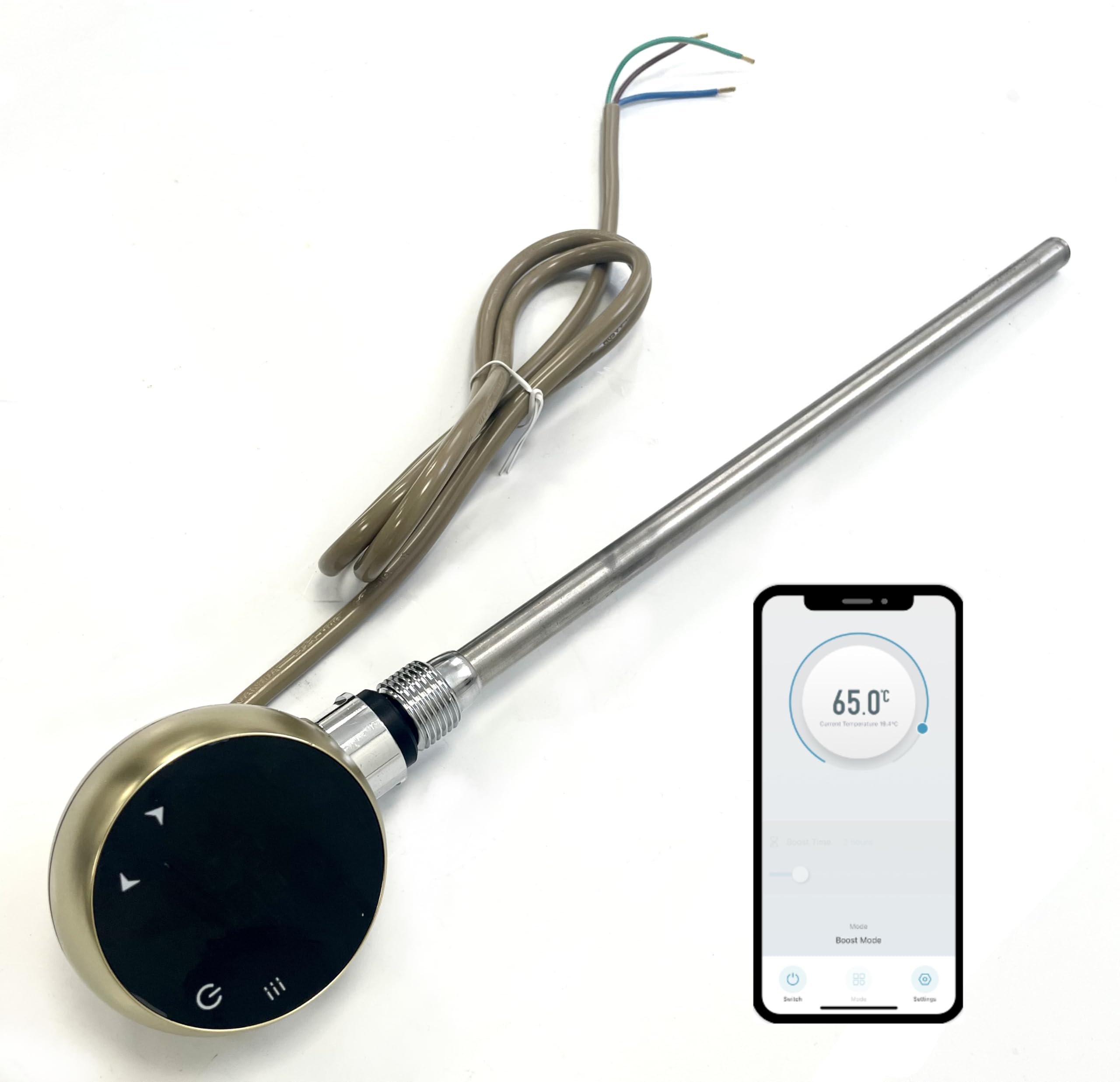 WiFi Electric Smart Heating Element for Towel Rails and Radiators with LED touchscreen Thermostat/Timer Energy Efficient (600w, Brushed Brass)