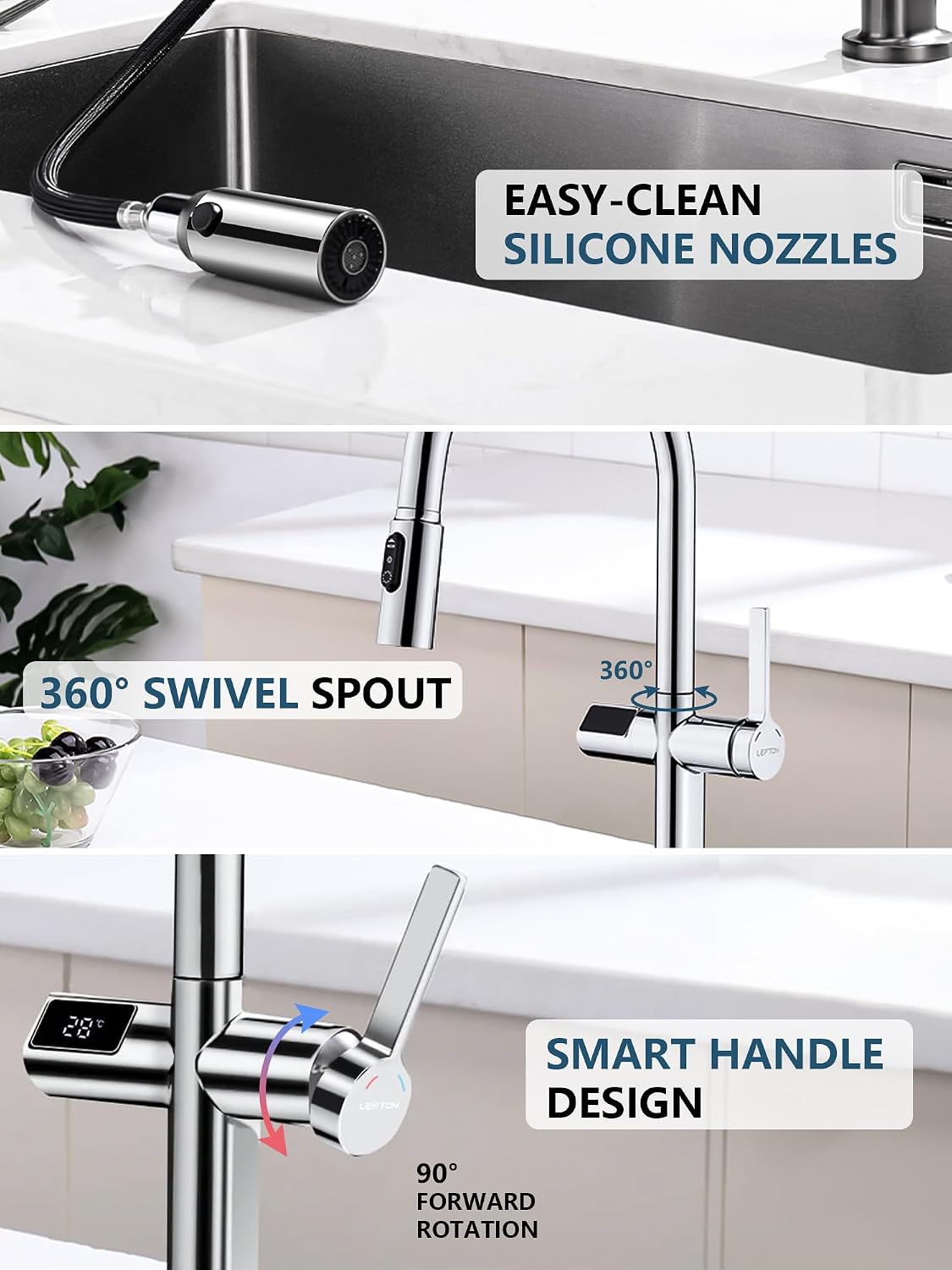 Lefton Touchless Pull-Out Kitchen Faucet, Hands Free Motion Sensor Activated, Battery-Free Temperature Display, KF2206 (Contemporary, Chrome)
