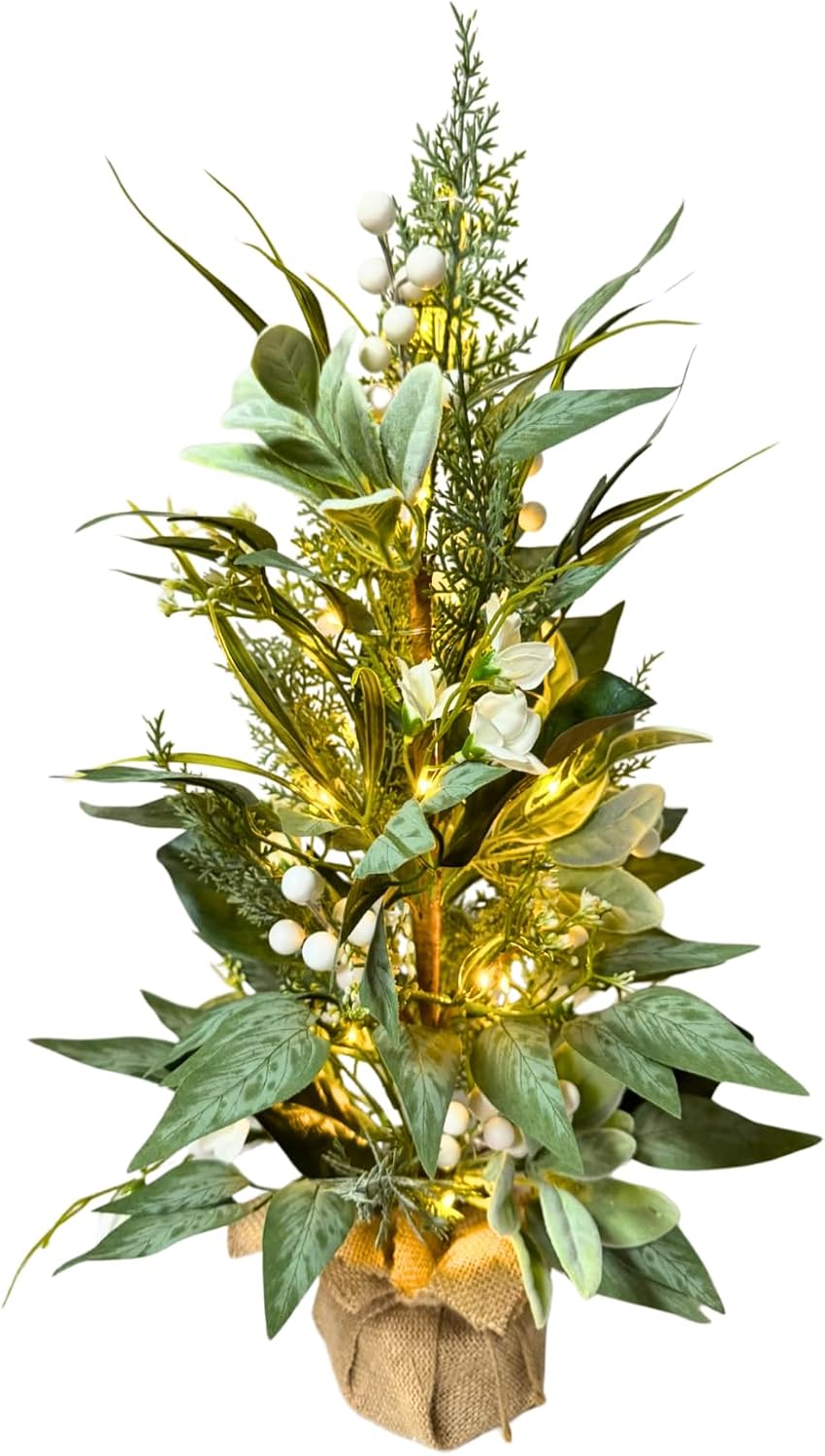 Lighted Spring Summer Artificial Eucalyptus Tabletop Tree with 20 LEDs and Timer Artificial Gypsophila and Magnolia Plant for Spring Summer Decor Office Decoration Mantel and Table Centerpiece