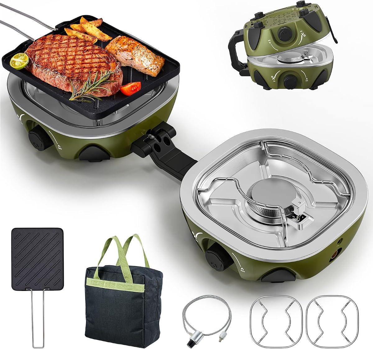 2 Burner Camping Stove,20000 BTU Foldable Propane Camp Stove with Pressure Adjustable Burners,Wind-Resistant Dual Gas Stoves with Portable Handle&Bag&GrillPan for Camping,BBQ,RV,Tailgating