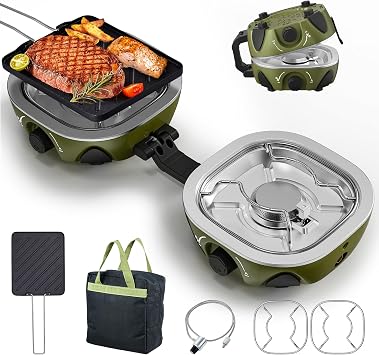 BODEGA 2 Burner Camping Stove,20000 BTU Foldable Propane Camp Stove with Pressure Adjustable Burners,Wind-Resistant Dual Gas Stoves with Portable Handle&Bag&GrillPan for Camping,BBQ,RV,Tailgating