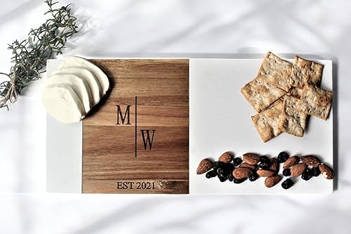 Miniatura 8 de Minimalist Personalized Marble & Wood Charcuterie Cheese Serving Board For Bridal Shower Wedding Engagement Birthday Thank You Housewarming