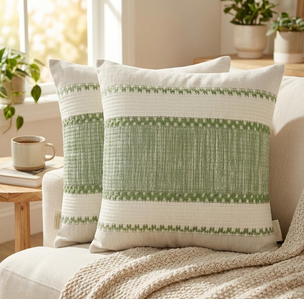 Hopomoon Set of 2 Sage Green Boho Cushion Covers,Bohemian Farmhouse Rustic Cute Macrame Woven Striped Pillow Covers Square Cotton and linen Pillow Case Home Decor for Bed Sofa Chair,45 X 45 cm