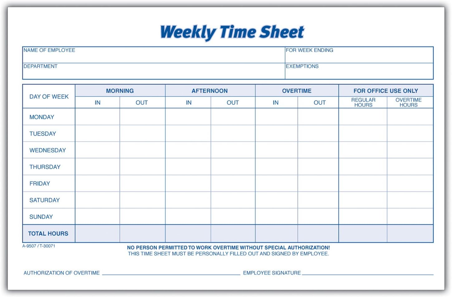 Adams Weekly Time Sheet, 1-Part, 5.5 x 8.5 Inches, Blue/White, 100 Sheets Per Pad, 2 Pack (9507ABF)