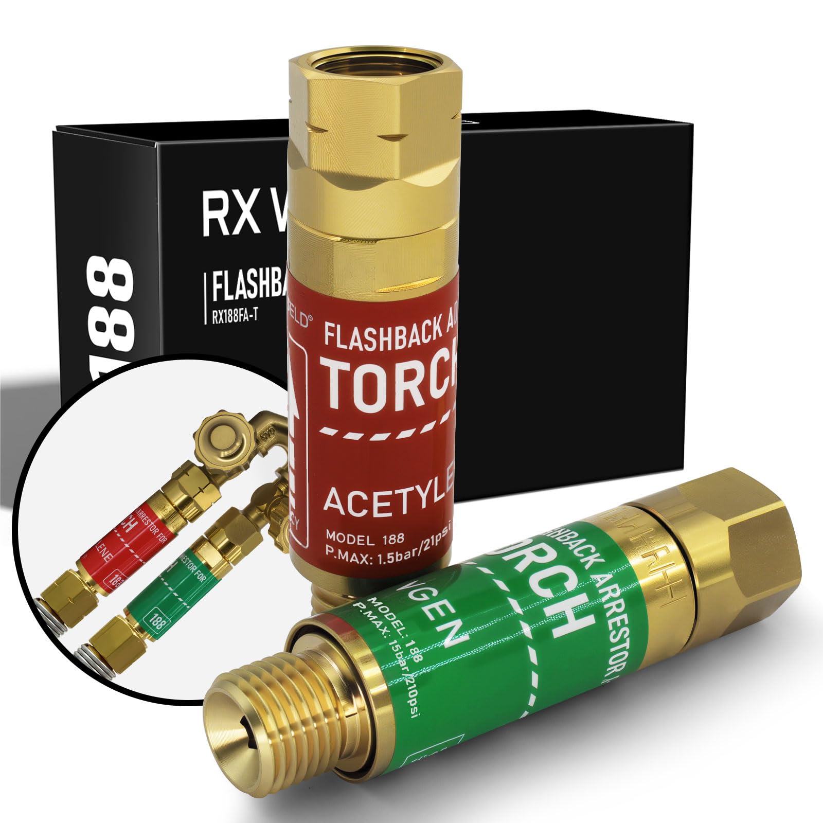 RX WELD Oxygen Acetylene Torch Flashback Arrestors Set, Torch End - Standard "B" 9/16-18UNF Threads Size