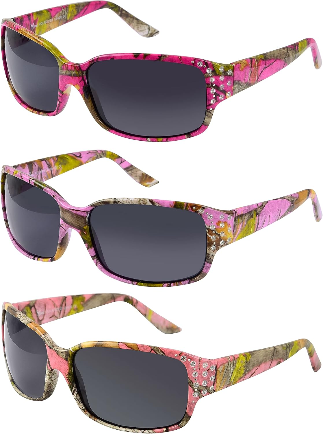 Polarized Hot Pink Camo Sunglasses for Women - Diamante - Free Matching Microfiber Pouch